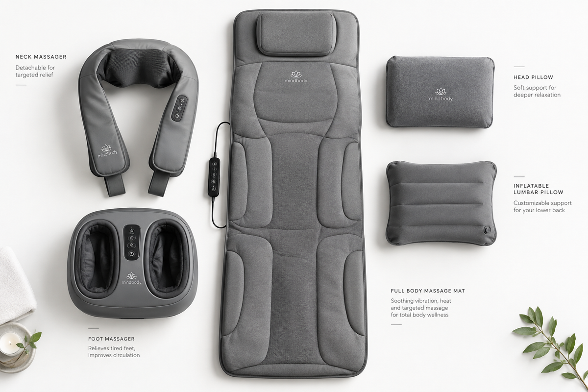 Doba full body electric massage mat with neck, foot, and lumbar massagers, showing the padded mat with control panel and massage zones.