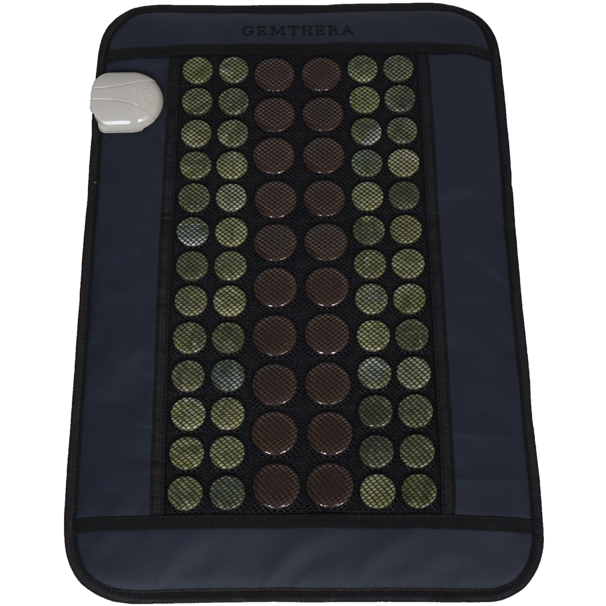 Jade Tourmaline Infrared Heat Mat navy blue with green jade and brown tourmaline stone disks in center, electronic control attached