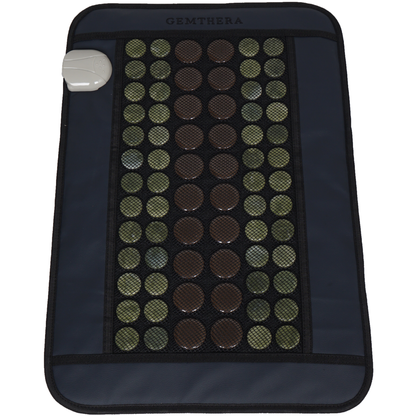 Jade Tourmaline Infrared Heat Mat navy blue with green jade and brown tourmaline stone disks in center, electronic control attached