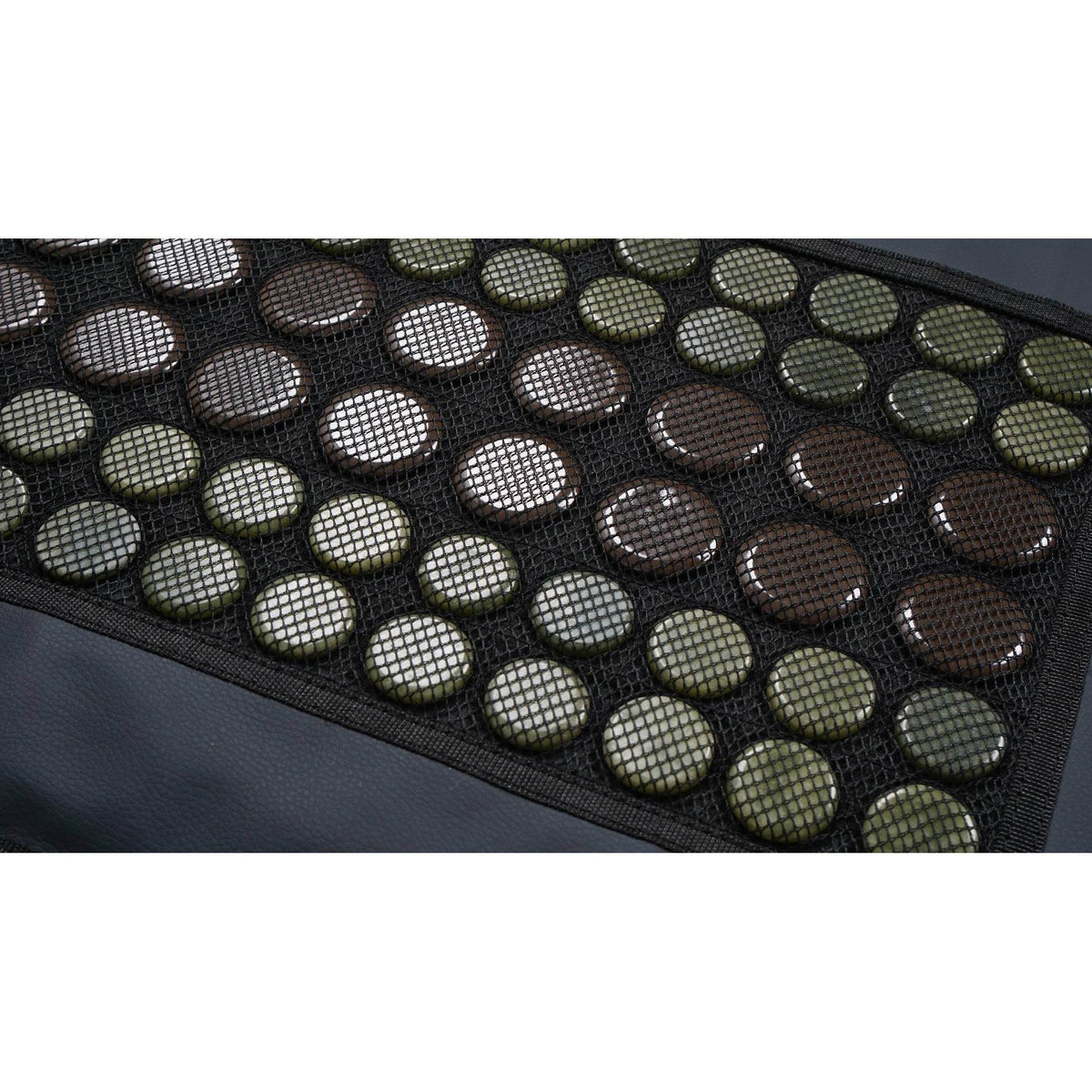 Jade Tourmaline Infrared Heat Mat with black mesh fabric, featuring round green jade and brown tourmaline stones arranged in a rectangular pattern