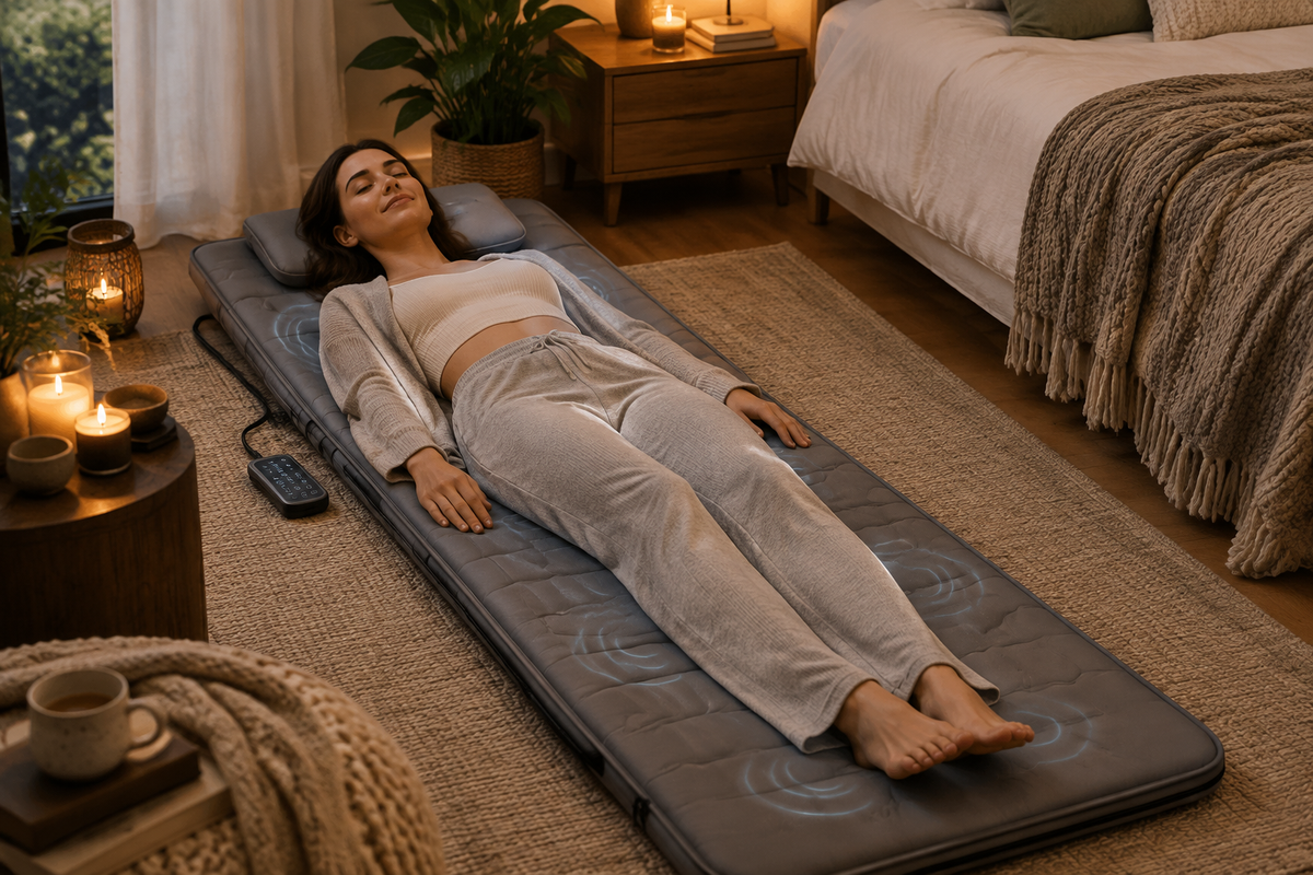 Doba full body electric massage mat with neck, foot, and lumbar massagers, showing the mat laid out with massage zones visible.