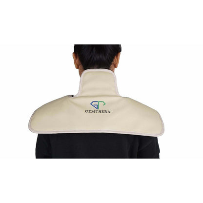 Jade Tourmaline Infrared Shoulder Heat Pad in beige fabric with adjustable neck and shoulder design, Gemthera logo visible