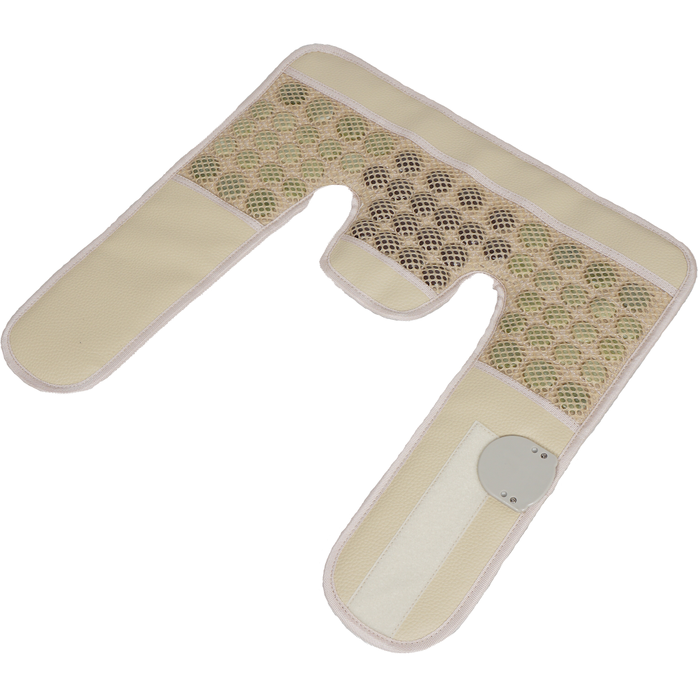 Jade Tourmaline Infrared Shoulder Heat Pad in white with beige mesh panels, adjustable straps, and embedded stones for pain relief.