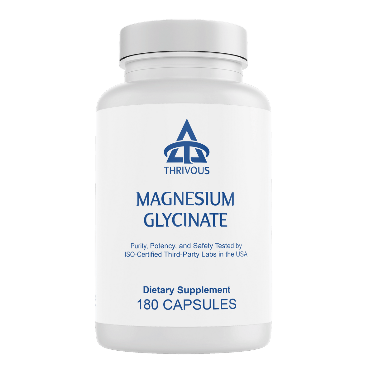 Bottle of Thrivous Magnesium Glycinate dietary supplement capsules in a clear container with a white label.