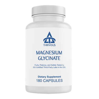 Bottle of Thrivous Magnesium Glycinate dietary supplement capsules in a clear container with a white label.
