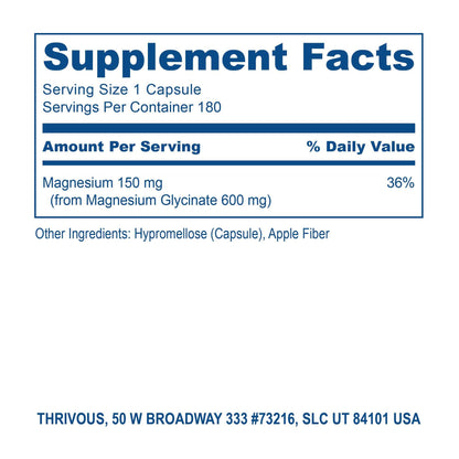 Label of Thrivous Magnesium Glycinate dietary supplement bottle showing product name and supplement information.