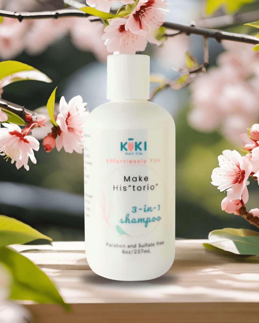 3-in-1 scalp treatment white plastic bottle with blue and black text, minimalist design, placed among pink cherry blossoms