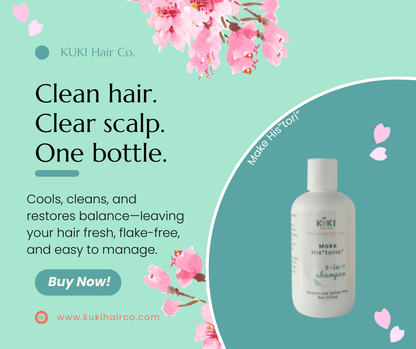 3-in-1 scalp treatment white plastic bottle with green and red labeling, gentle formula for clean, balanced hair and scalp