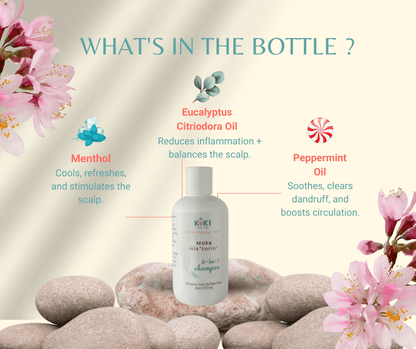 3-in-1 scalp treatment white plastic bottle with colorful text, highlighting ingredients menthol, eucalyptus citriodora oil, and peppermint oil benefits.