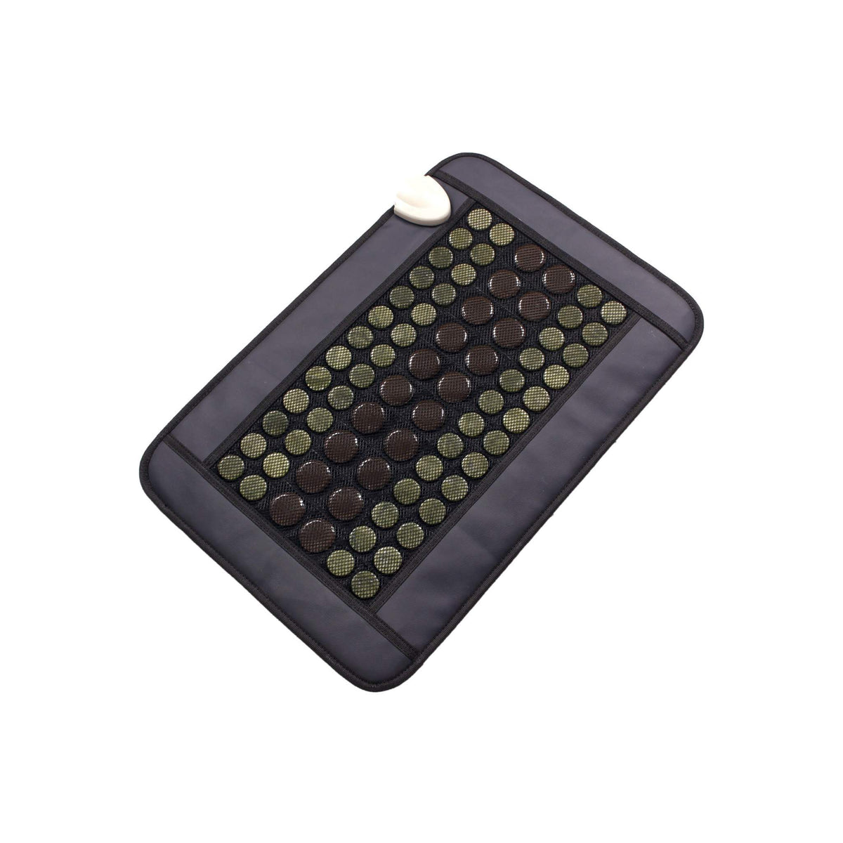Jade Tourmaline Infrared Heat Mat in navy blue fabric with green jade and dark brown tourmaline circular disks arranged in rows