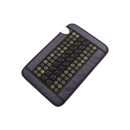 Jade Tourmaline Infrared Heat Mat in navy blue fabric with green jade and dark brown tourmaline circular disks arranged in rows