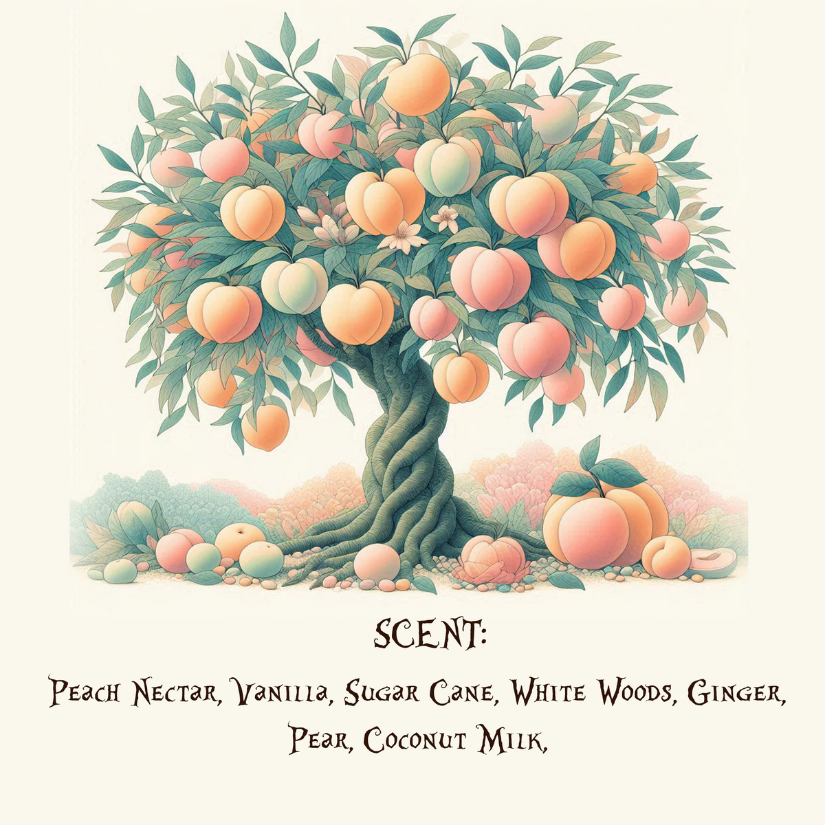 Illustration of a peach tree with ripe peaches and green leaves, symbolizing the scent of Ginger Peach Organic Body Lotion.