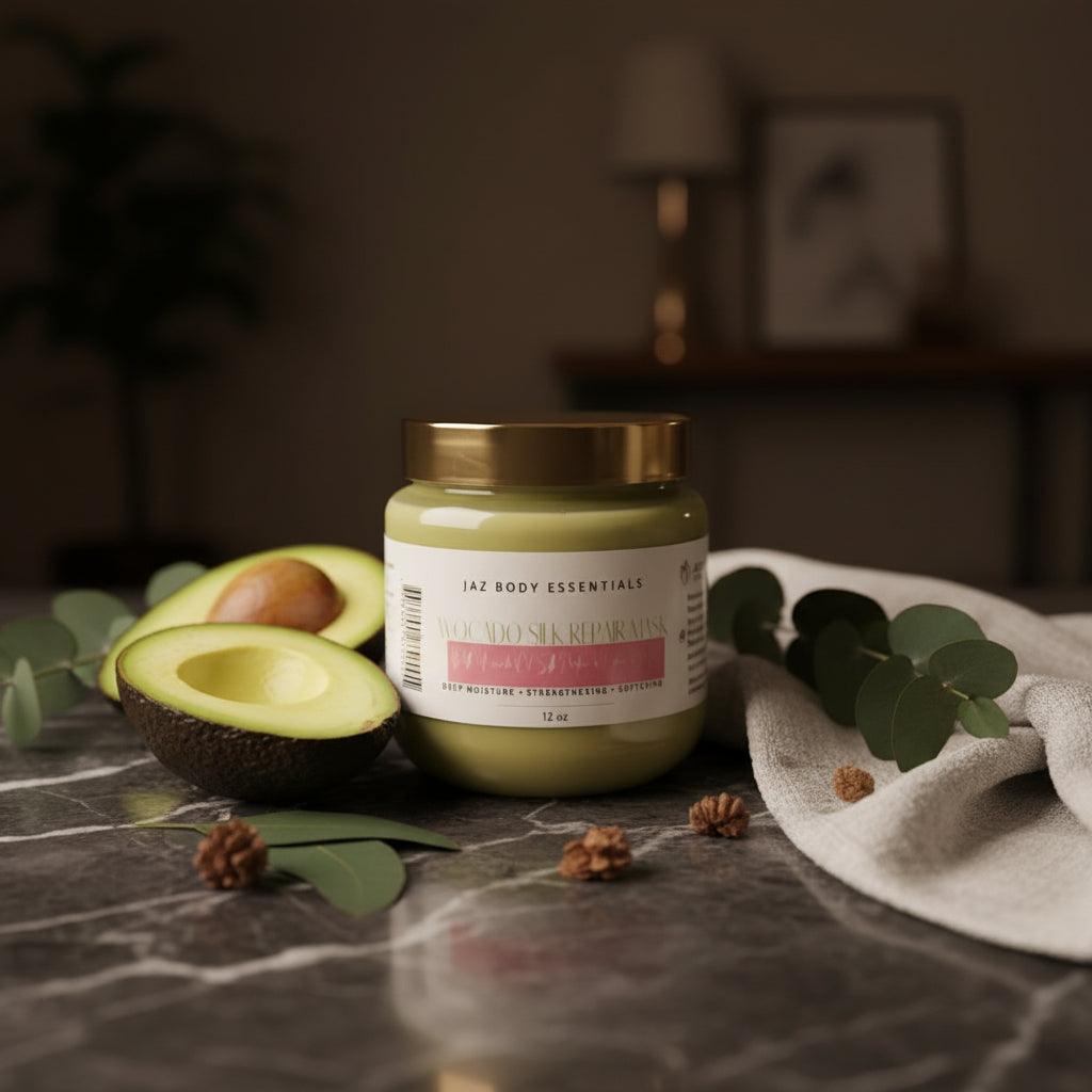 Avocado Hair Mask in a light green jar with a gold lid, surrounded by fresh avocado halves and natural elements on a marble surface