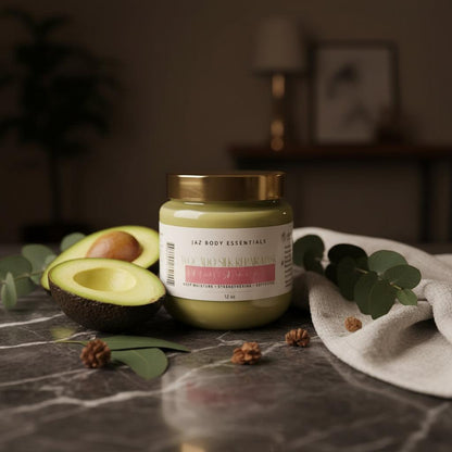 Avocado Hair Mask in a light green jar with a gold lid, surrounded by fresh avocado halves and natural elements on a marble surface