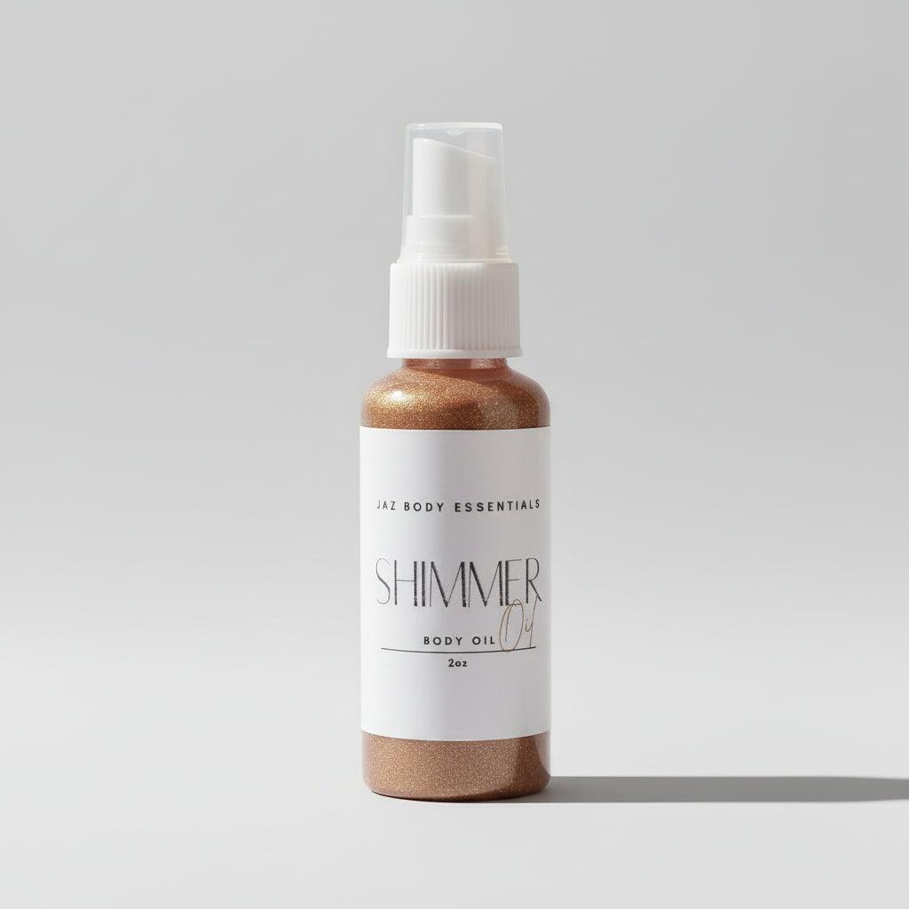 Vitamin E Shimmer Body Oil in a clear spray bottle with bronze shimmer oil and a white label and cap