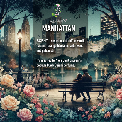 Manhattan Natural Organic Body Lotion promotional artwork featuring a city park at night with floral accents and a couple on a bench under lamplight.