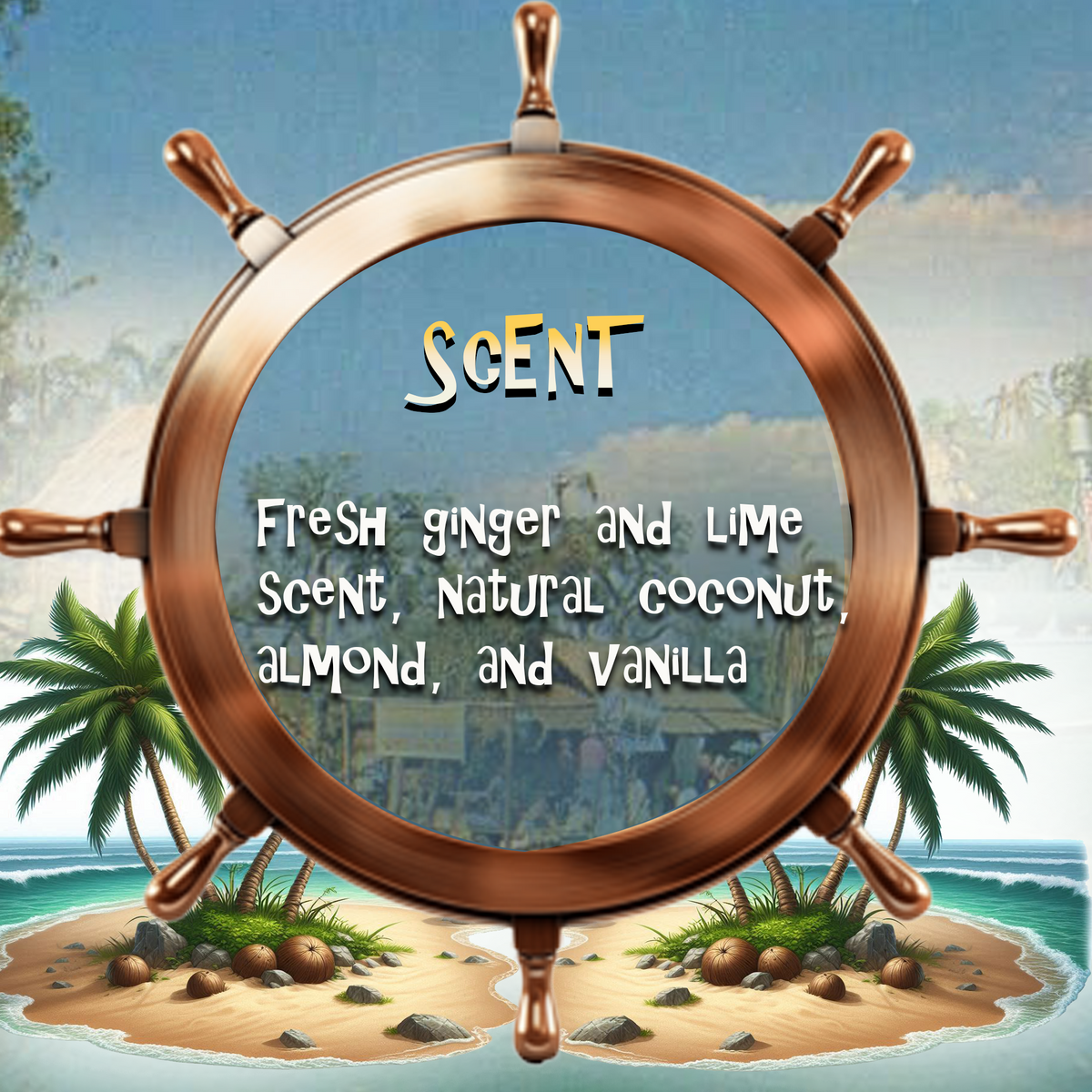 Decorative ship wheel graphic with tropical island background highlighting fresh ginger, lime, coconut, almond, and vanilla scent for Ginger Coconut Body Lotion.