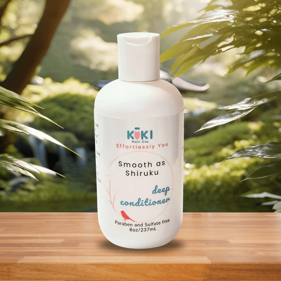 White plastic bottle of deep conditioning treatment with blue and black text, labeled Smooth as Shiruku, paraben and sulfate free, 8oz size.