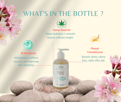 Smoothing conditioner for frizz-free hair in a beige pump bottle with natural ingredient highlights and floral accents.