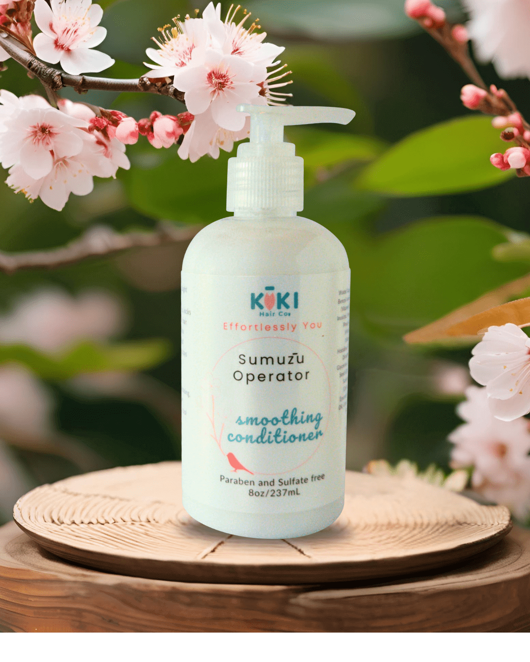 Smoothing conditioner for frizz-free hair in white plastic pump bottle with blue and pink lettering and floral design on label