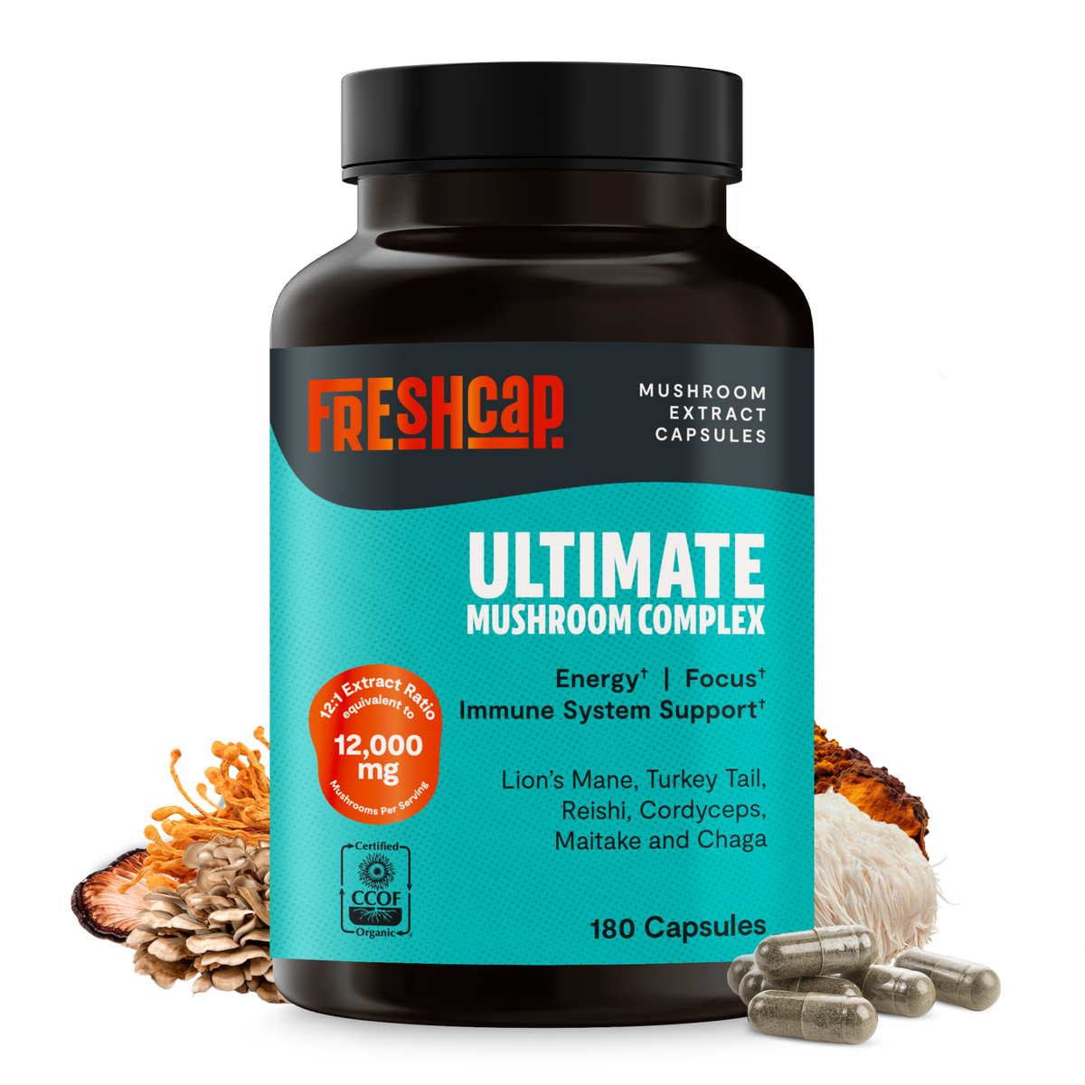 Organic Mushroom Complex supplement capsules by FreshCap Mushrooms, showing 180 vegetarian capsules in the bottle.
