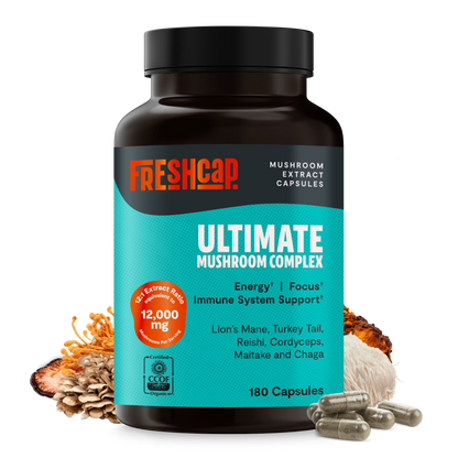 Organic Mushroom Complex supplement capsules by FreshCap Mushrooms, showing 180 vegetarian capsules in the bottle.