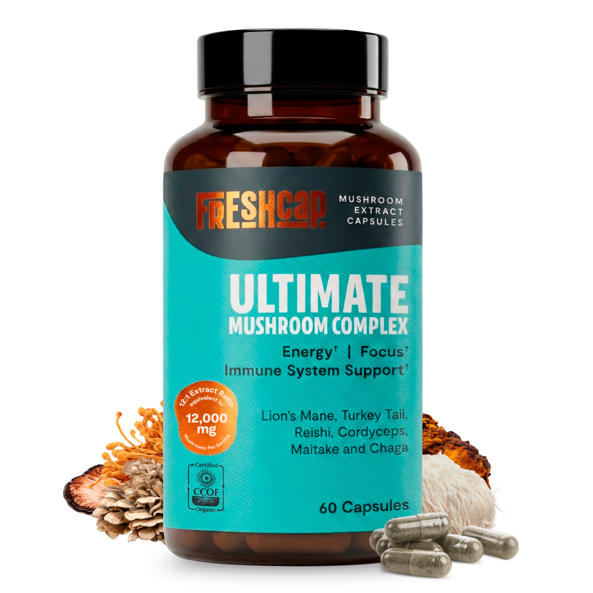 Organic mushroom complex supplement capsules by FreshCap Mushrooms, 60-count, showing the capsule bottles and label.