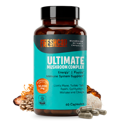 Organic mushroom complex supplement capsules by FreshCap Mushrooms, 60-count, showing the capsule bottles and label.