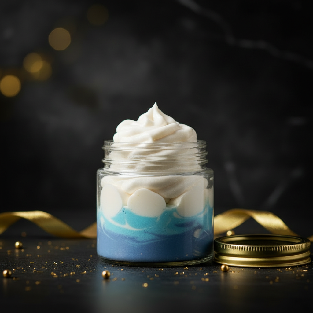 Winter Blue Soap in a glass jar with layered blue and white creamy texture topped with whipped white foam and gold lid nearby.