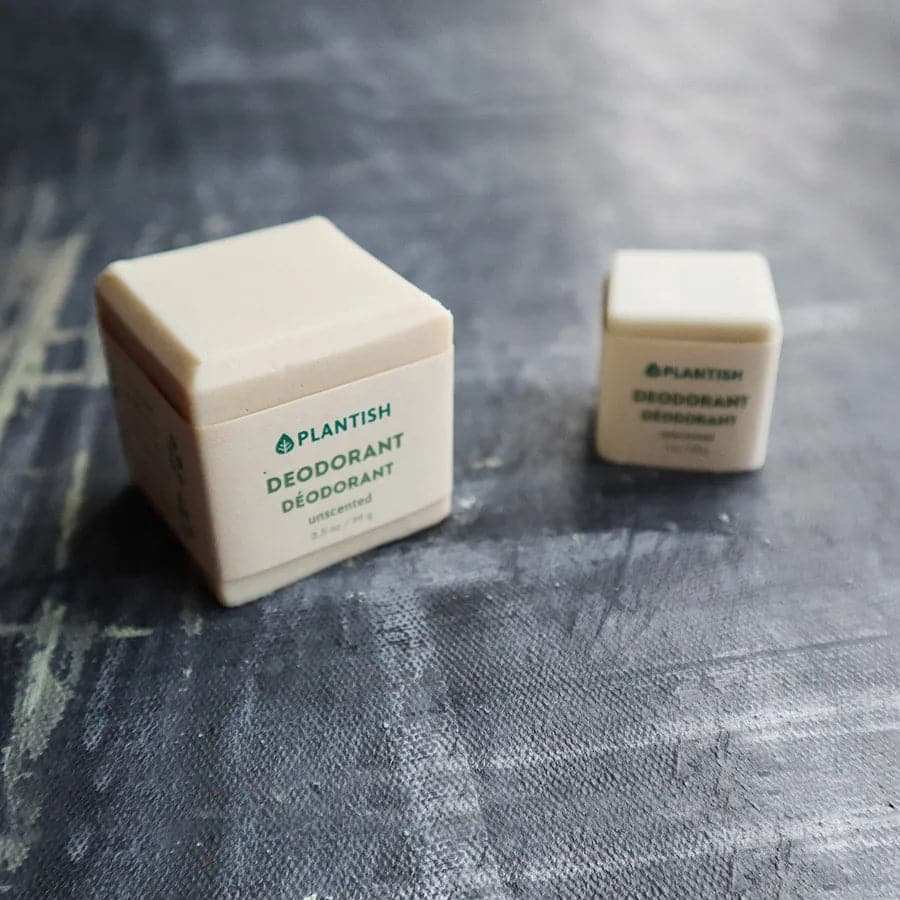 Zero Waste Deodorant Bar in beige, cube-shaped with smooth matte finish and green Plantish branding on front.
